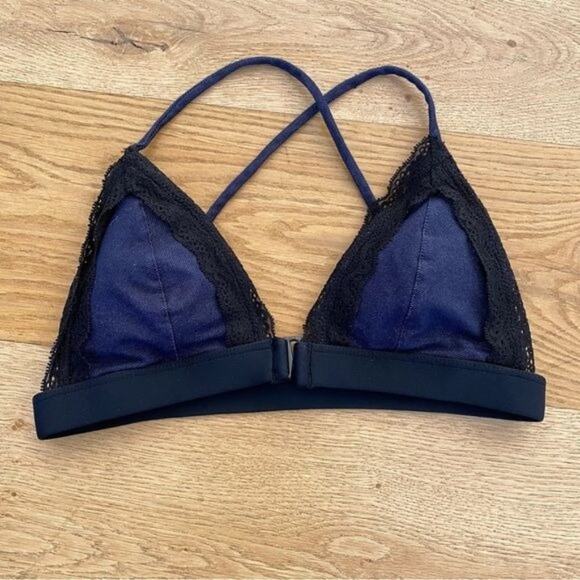 Hollie Watman Denim and Black Lace Triangle Bikini Top - Picture 1 of 4